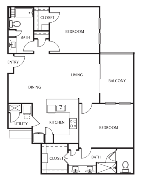 Floor plan for 2 beds, 2 baths, 1239 sqft
